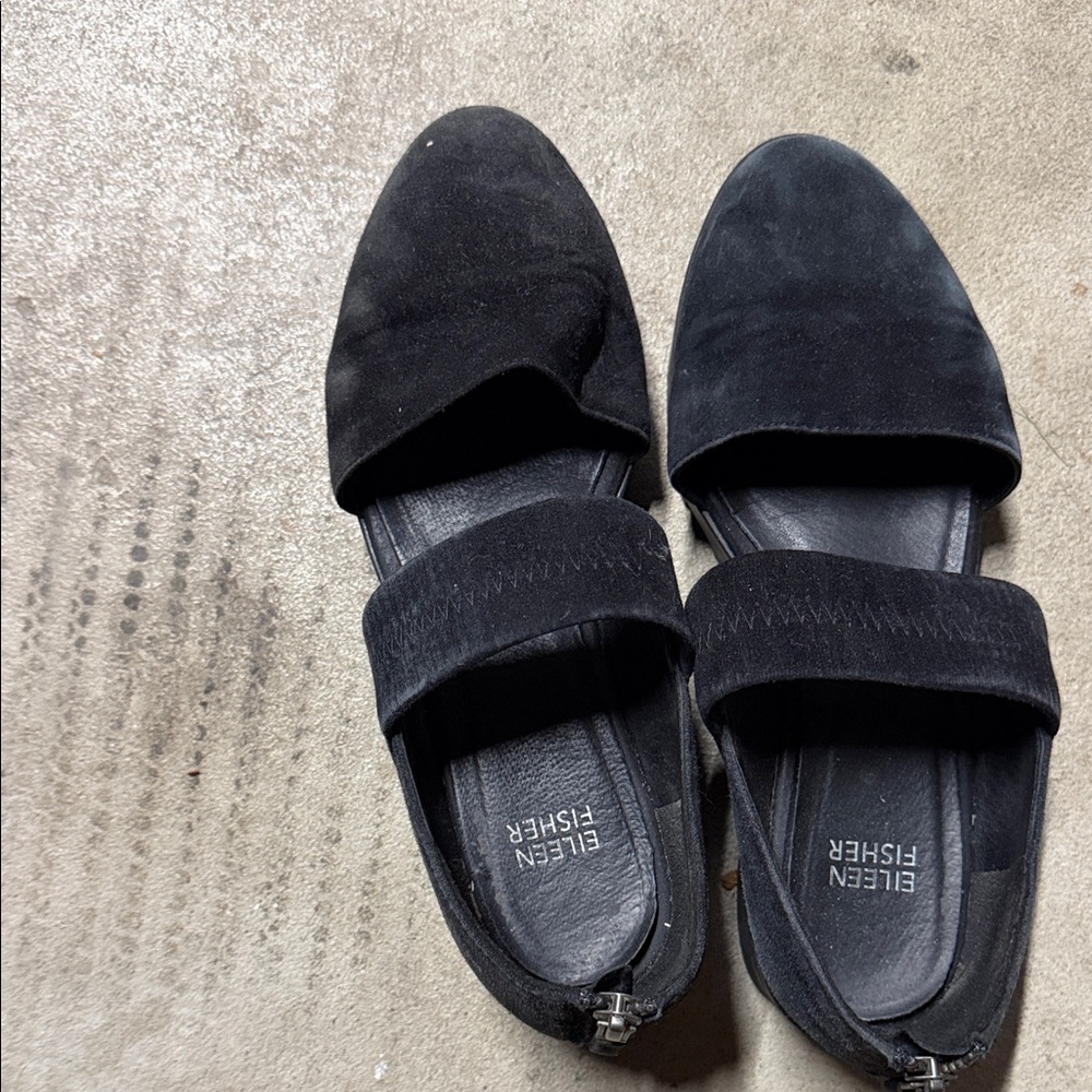 Eileen Fisher Black Suede Slip-On Flats with Strap